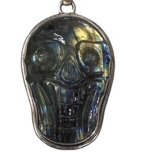 Vintage Labradorite Carved Skull 925 Sterling Silver Pendant Artisan Gemstone
